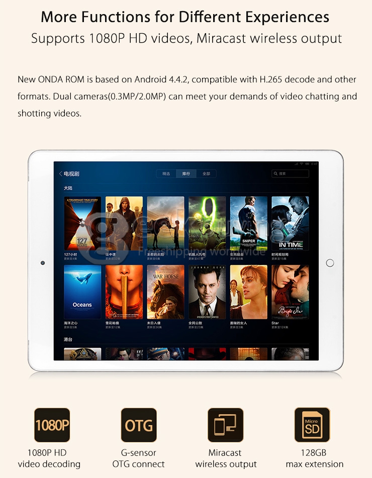 Onda V989 Air 9.7 inch Android 4.4 Tablet PC Allwinner A83T Octa Core 2.0GHz IPS Retina Screen 2048*1536 2G/32G BT OTG - White