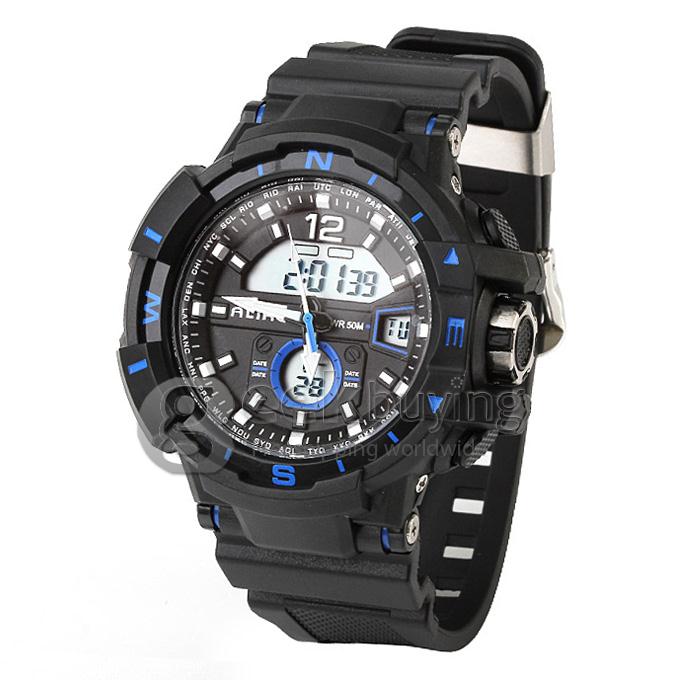 Multi-functional AK14109 Waterproof Sports Watch with Double Movement Analog & Digital Display - Blue + Black