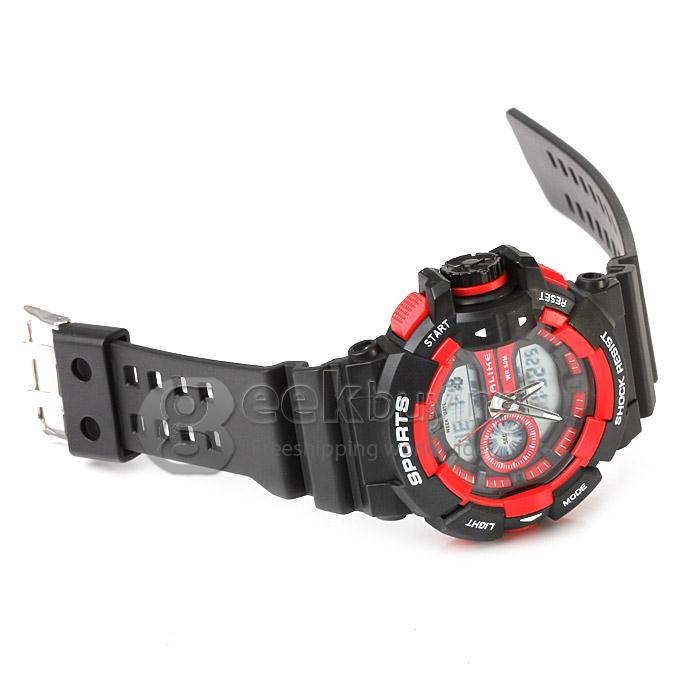 Multi-functional AK14111 Waterproof Sports Watch with Double Movement Analog & Digital Time Display - Red + Black