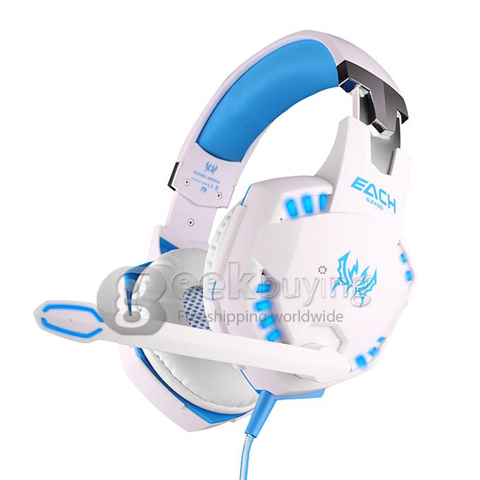 EACH G2100 Vibration Function Professional Gaming Headphone Game Headset With Mic Stereo Bass LED Light - White+Blue