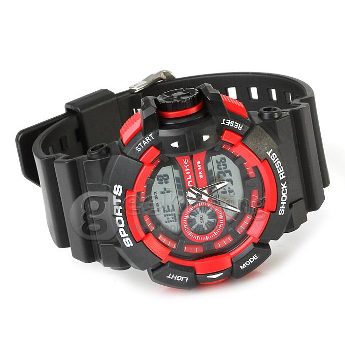 Multi-functional AK14111 Waterproof Sports Watch with Double Movement Analog & Digital Time Display - Red + Black