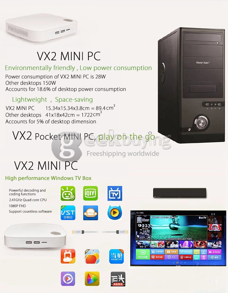 VX2 Celeron J1800 Windows 8.1 Mini PC Intel Dual Core 500G Wi-Fi 802.11 a/b/g/n ac LAN Bluetooth 4.0 XBMC KODI VGA - White