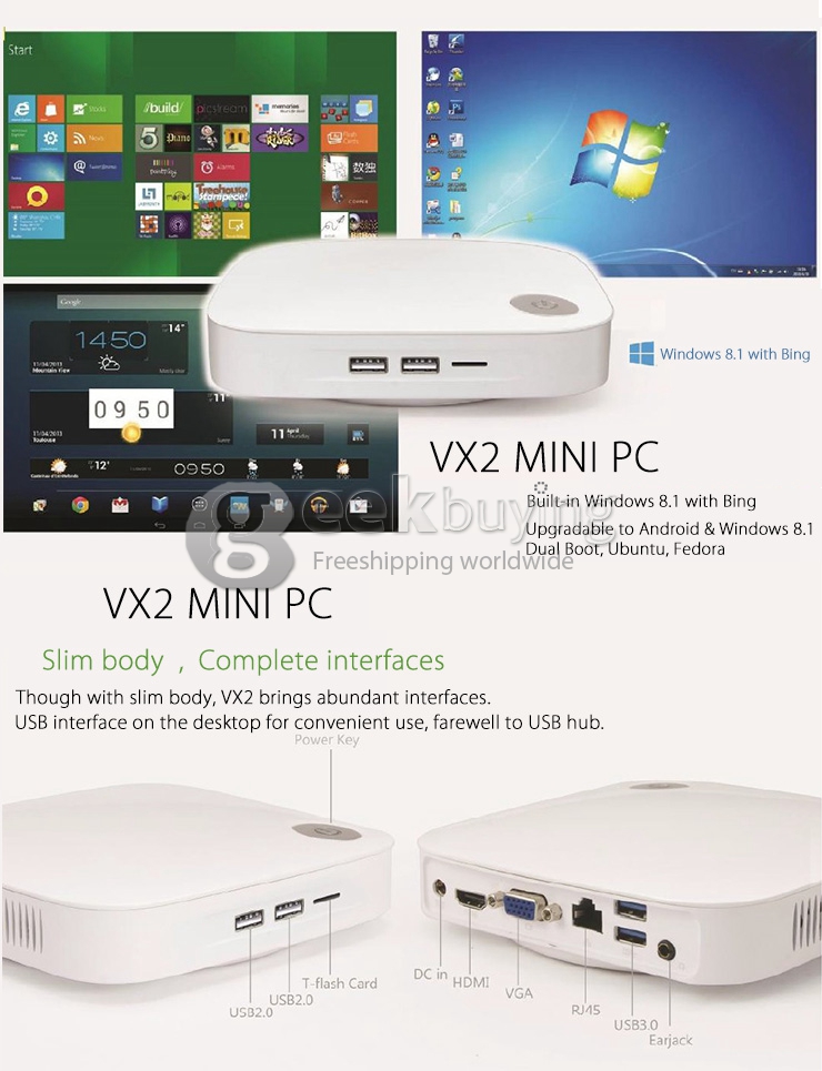 VX2 Celeron J1800 Windows 8.1 Mini PC Intel Dual Core 500G Wi-Fi 802.11 a/b/g/n ac LAN Bluetooth 4.0 XBMC KODI VGA - White