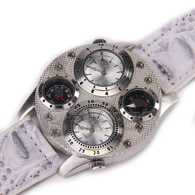 Oulm 1145 Multi-Function Male Watch with Dual Movt Dual Time Zones Compass And Thermometer Leather Band - White