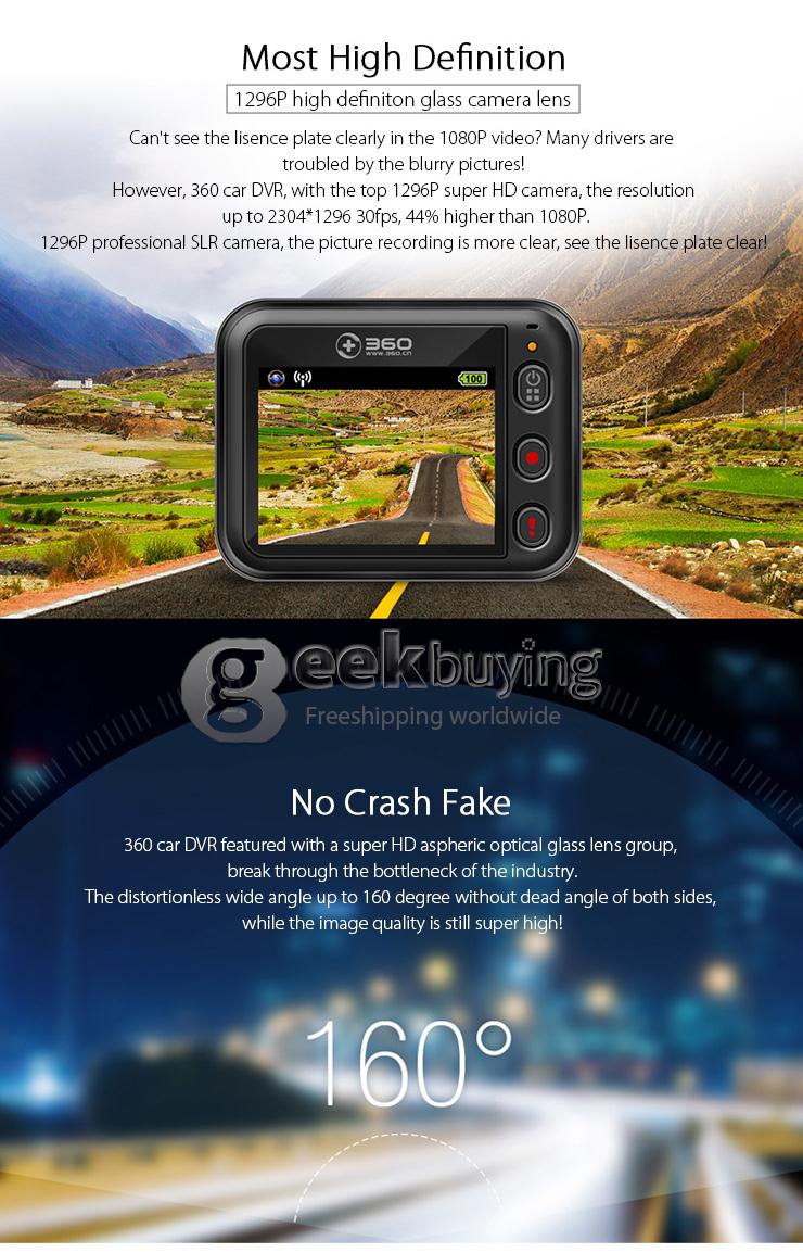 Qikoo 360 Ambarella A7LA55 5.0 MP COMS Car DVR 2.0inch 160 Degree HD 1296P Dashcam Wifi Logger Car Camcorder - Black