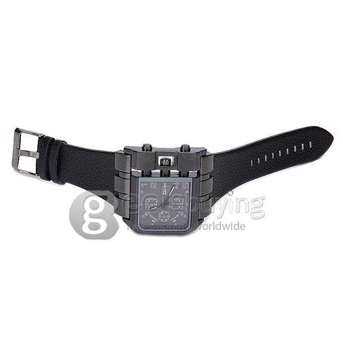 Oulm 3364 Fashion Men Military Wristwatch Sports Quartz Watch With Rectangular Dial And Leather Strap - Black