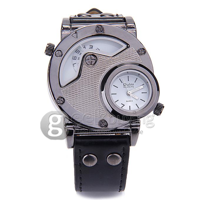 Oulm 9591 Fashion Men Sports Wrist Watch With Dual Time Zones And Leather Strap - White + Black
