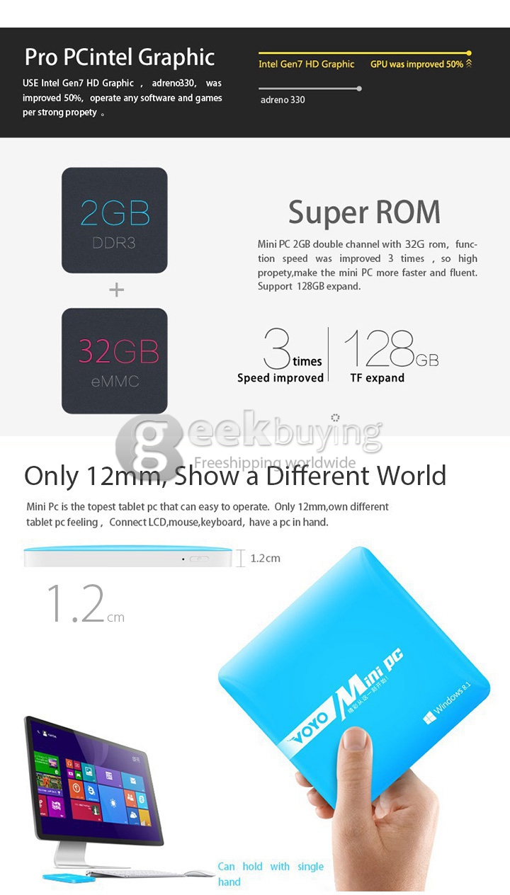 VOYO Windows 8.1 Mini PC Intel Z3735F Quad Core 2G/32G WIFI XBMC KODI Bluetooth HDMI OTG with 1000mAh Battery - Blue