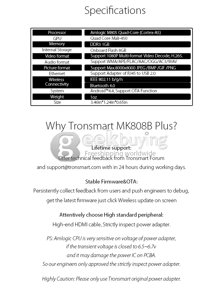 Tronsmart MK808B Plus Amlogic M805 Quad Core Android 4.4 Mini TV Dongle 1G/8G WIFI H.265 Bluetooth DLNA Miracast