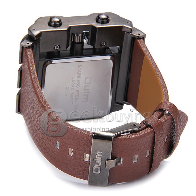 Oulm 3364 Fashion Men Military Wristwatch Sports Quartz Watch With Rectangular Dial And Leather Strap - Brown
