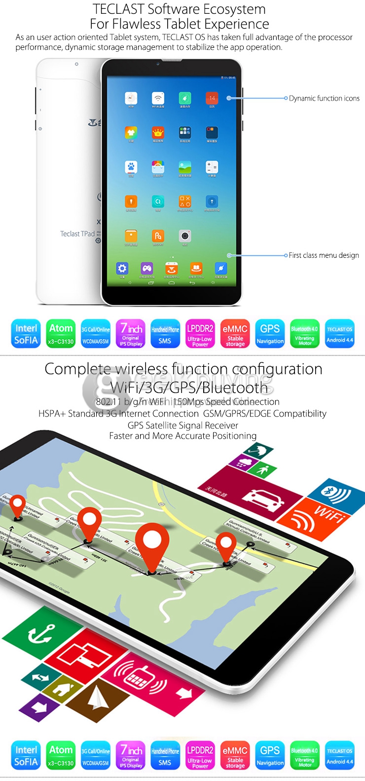 Teclast X70 3G Phone Call Tablet PC 2G/3G Phablet Android 4.4 Intel SoFIA AtomX3-C3130 7 Inch IPS 1024*600 4GB ROM GPS Bluetooth WiFi - White