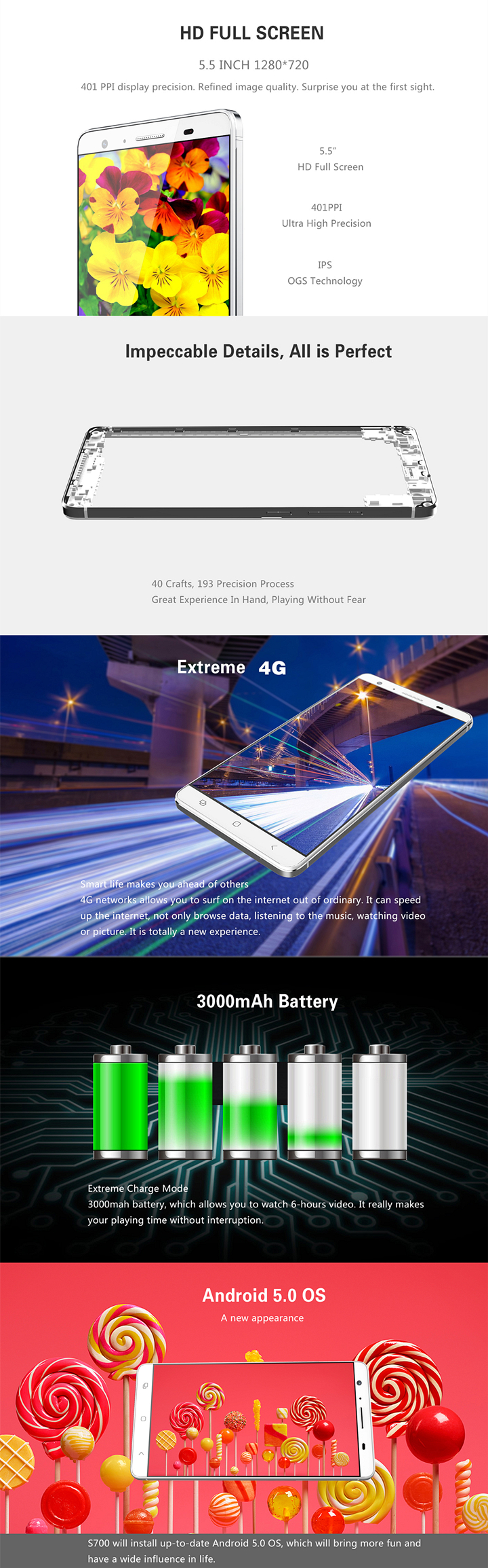 Mstar S700 5.5inch HD 4G LTE Android 5.0 2GB 16GB 64bit MTK6752 Octa Core 1.7GHz Smartphone 13.0MP Dual Camera - White