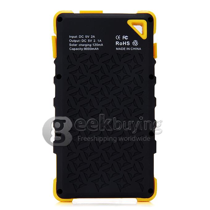 DS168 Solar Panel Mobile Charger 8000mAh Dual USB Power Bank Water/Dirt/Shockproof Portable Spare Charger - Yellow