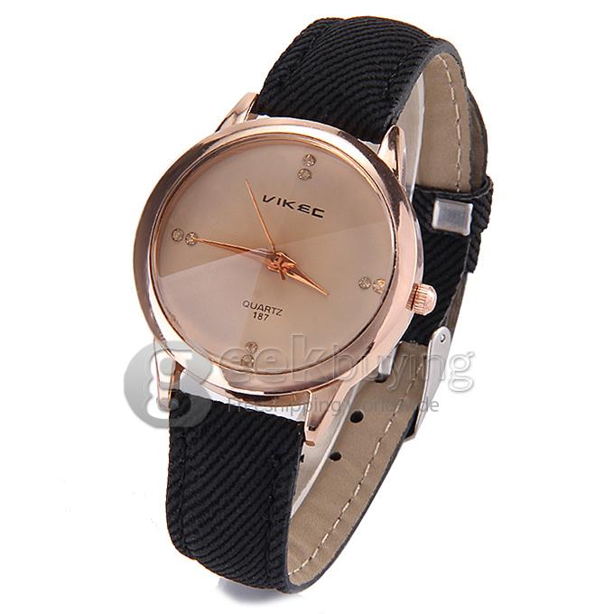 VIKEC 187 Fashion Brief Women Quartz Wrist Watch with Leather Belt - Black