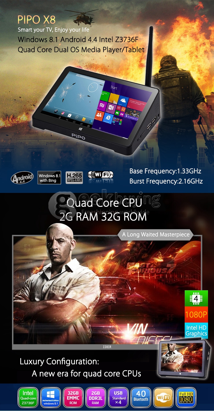 PIPO X8 Windows8.1 Android4.4 Dual Boot Intel Z3736F Quad Core Mini PC 7