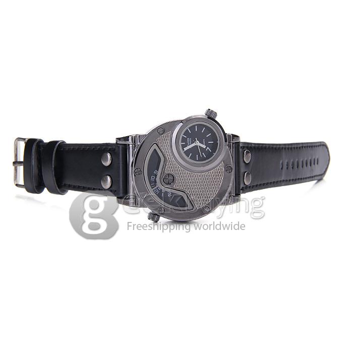 Oulm 9591 Fashion Men Sports Wrist Watch With Dual Time Zones And Leather Strap - Black