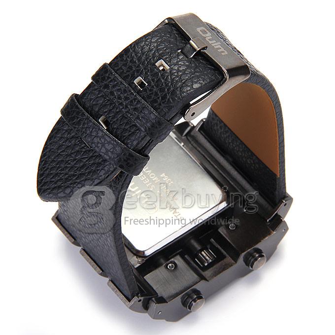 Oulm 3364 Fashion Men Military Wristwatch Sports Quartz Watch With Rectangular Dial And Leather Strap - Black