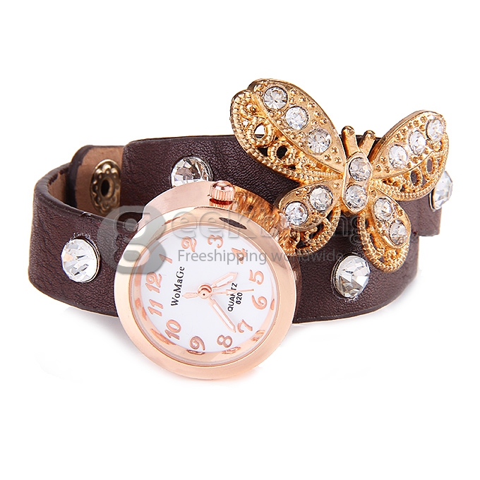PL128 New Fashion Butterfly Rivet Bracelet Watch Women Leather Wrist Watch - Brown