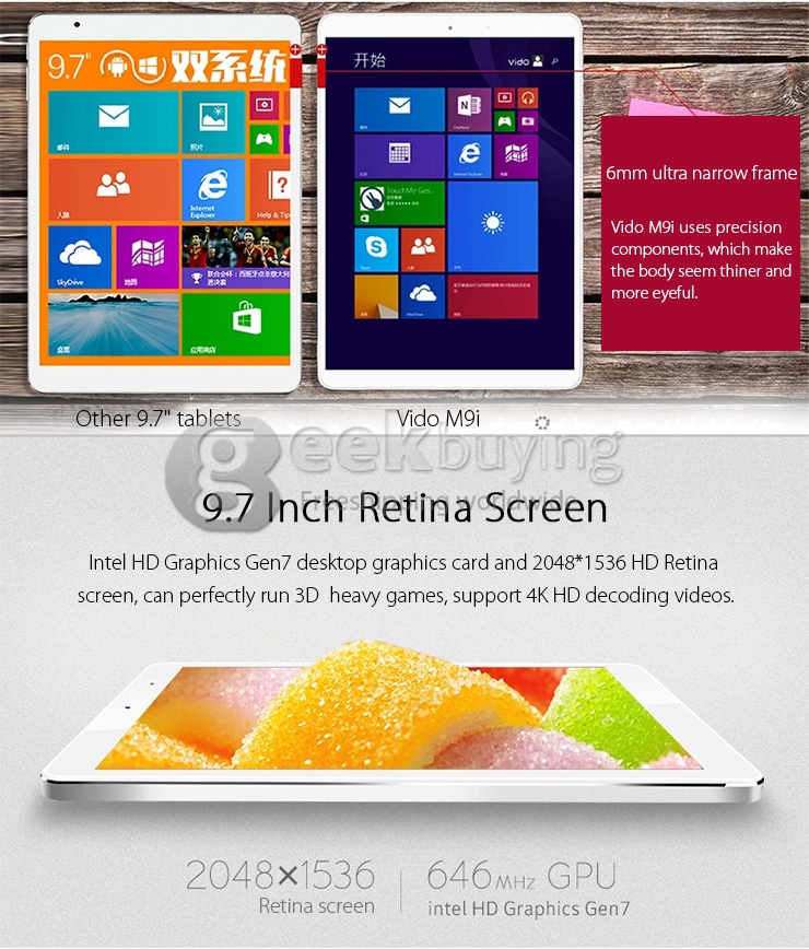 Vido M9i 9.7 Inch Win 8.1 & Android 4.4 Dual OS Tablet PC Intel Z3735F Quad Core 1.83GHz IPS Retina Screen 2048*1536 2G/32GB BT OTG WiDi WiFi - White + Silver