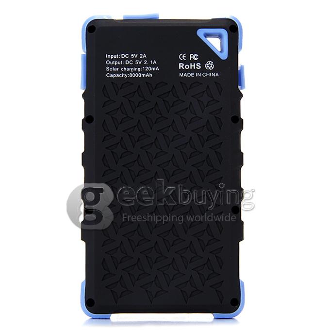 DS168 Solar Panel Mobile Charger 8000mAh Dual USB Power Bank Water/Dirt/Shockproof Portable Spare Charger - Blue