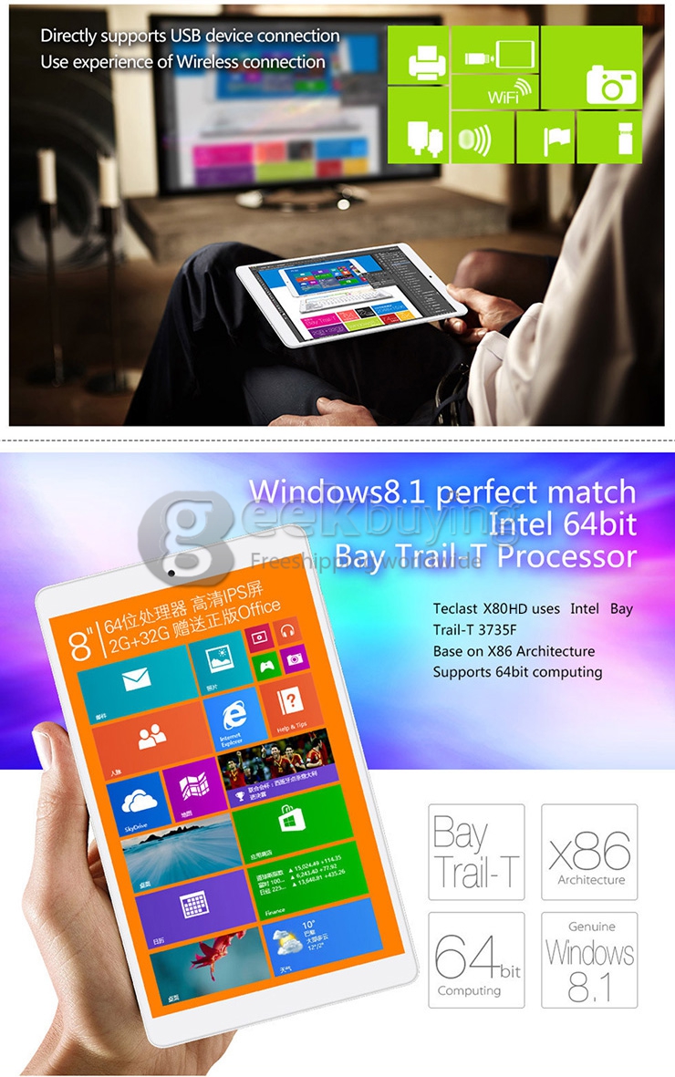 Teclast X80HD Dual OS Android 4.4 & Win 8.1 Intel Z3735F Quad-core 8