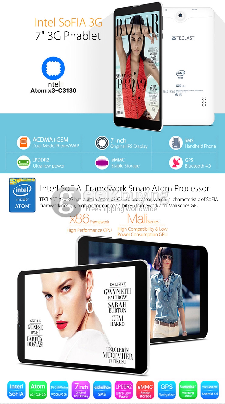 Teclast X70 3G Phone Call Tablet PC 2G/3G Phablet Android 4.4 Intel SoFIA AtomX3-C3130 7 Inch IPS 1024*600 4GB ROM GPS Bluetooth WiFi - White