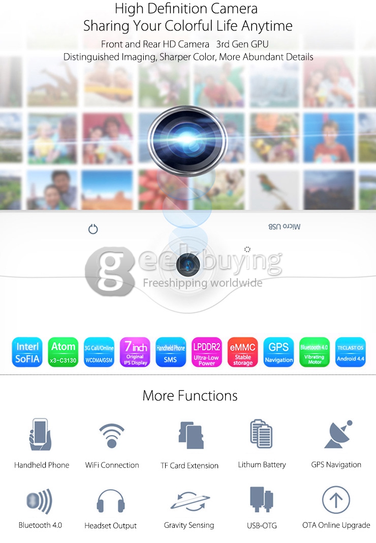 Teclast X70 3G Phone Call Tablet PC 2G/3G Phablet Android 4.4 Intel SoFIA AtomX3-C3130 7 Inch IPS 1024*600 4GB ROM GPS Bluetooth WiFi - White