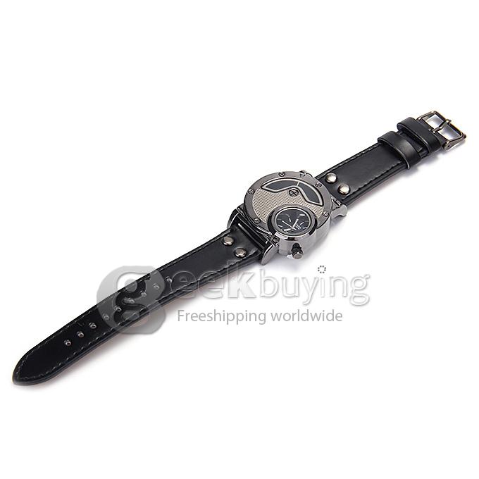 Oulm 9591 Fashion Men Sports Wrist Watch With Dual Time Zones And Leather Strap - Black