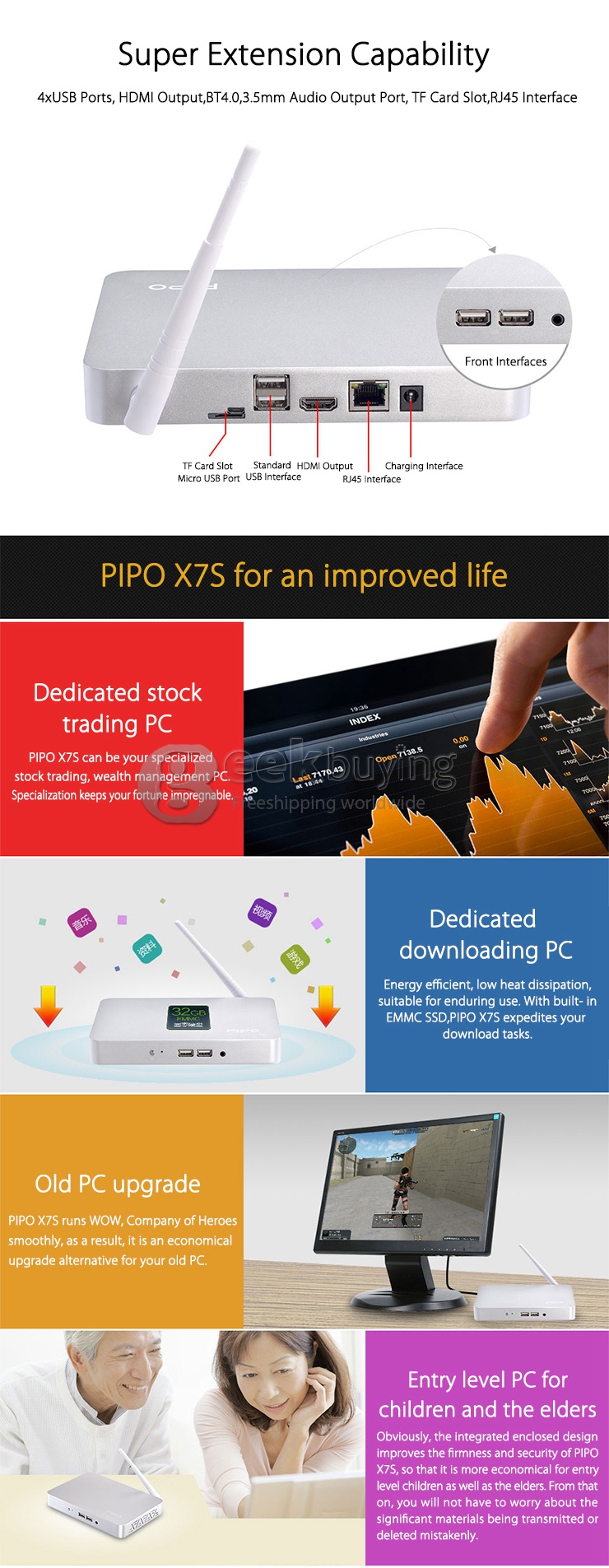 PIPO X7s Windows 8.1 Android 4.4 Dual Boot Mini PC Intel Z3736F Quad Core 1.8GHz 2G/64G 802.11 b/g/n LAN BT4.0 - Black