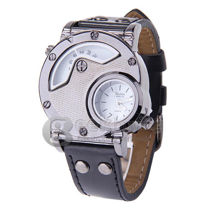Oulm 9591 Fashion Men Sports Wrist Watch With Dual Time Zones And Leather Strap - White + Black