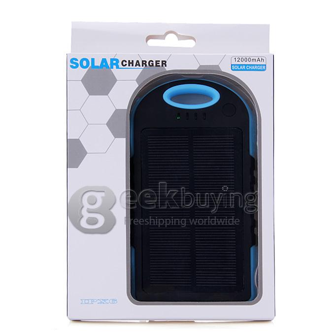 Solar Panel Charger 12000mAh Rain/Dirt/Shockproof Dual USB Portable Charger Backup External Battery - Blue+Black