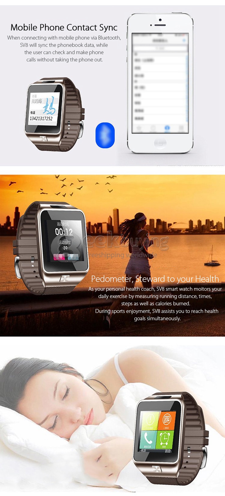 SV8 MTK2501 Smart Sport Wrist Watch BT3.0 2.4GHz for Android IOS Phone SMS Sync Anti-lost Pedometer Remote Capture - Brown