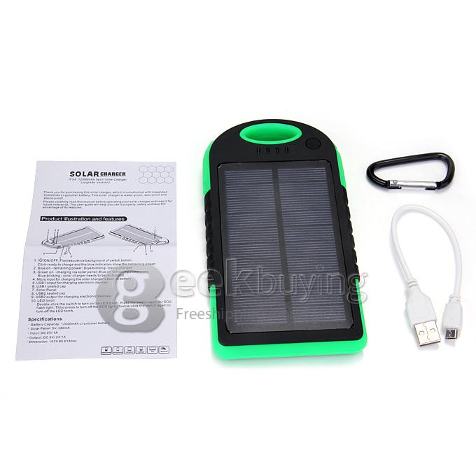 Solar Panel Charger 12000mAh Rain/Dirt/Shockproof Dual USB Portable Charger Backup External Battery - Green+Black