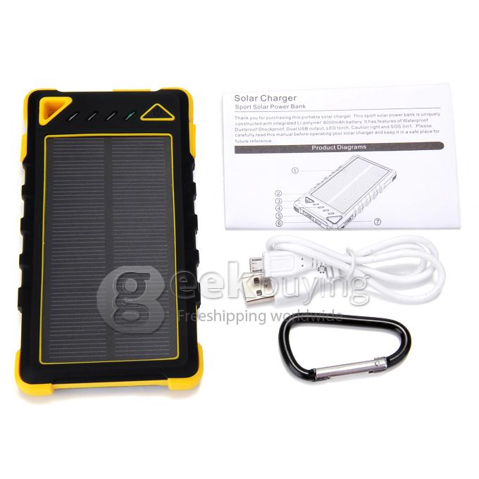 DS168 Solar Panel Mobile Charger 8000mAh Dual USB Power Bank Water/Dirt/Shockproof Portable Spare Charger - Yellow