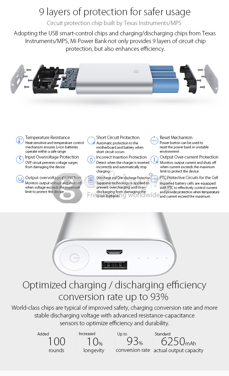 Original XIAOMI 10000mAh Power Bank Portable Charger Battery For XIAOMI/iPhone/Galaxy Smartphones - Silver