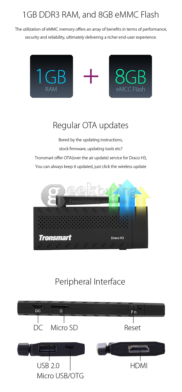 Tronsmart Draco H3 Allwinner Quad-Core 4K TV Dongle Mini PC 1G/8G HDMI 802.11 b/g/n 2.4G BT4.0 H.265 OTA