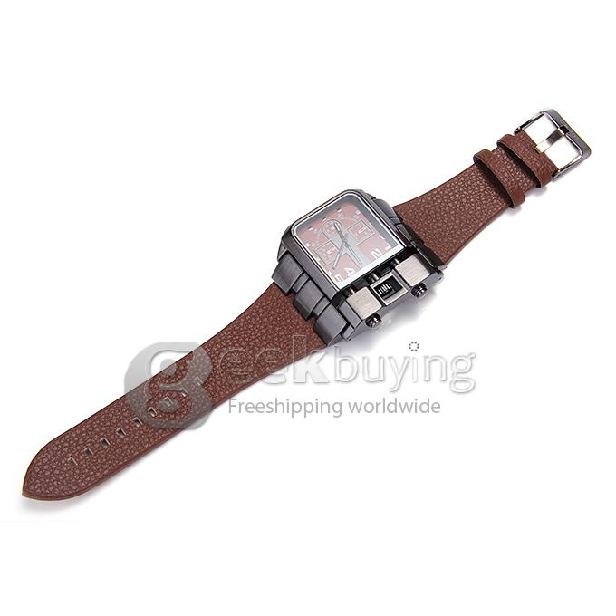 Oulm 3364 Fashion Men Military Wristwatch Sports Quartz Watch With Rectangular Dial And Leather Strap - Brown