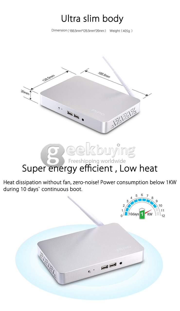 PIPO X7s X7 2GB/64GB Dual Boot Intel Mini PC Windows 10 & Android 4.4 Intel Z3736F Quad Core WiFi Bluetooth - Silver