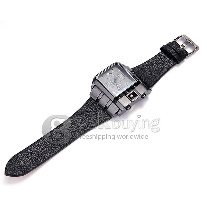 Oulm 3364 Fashion Men Military Wristwatch Sports Quartz Watch With Rectangular Dial And Leather Strap - Black