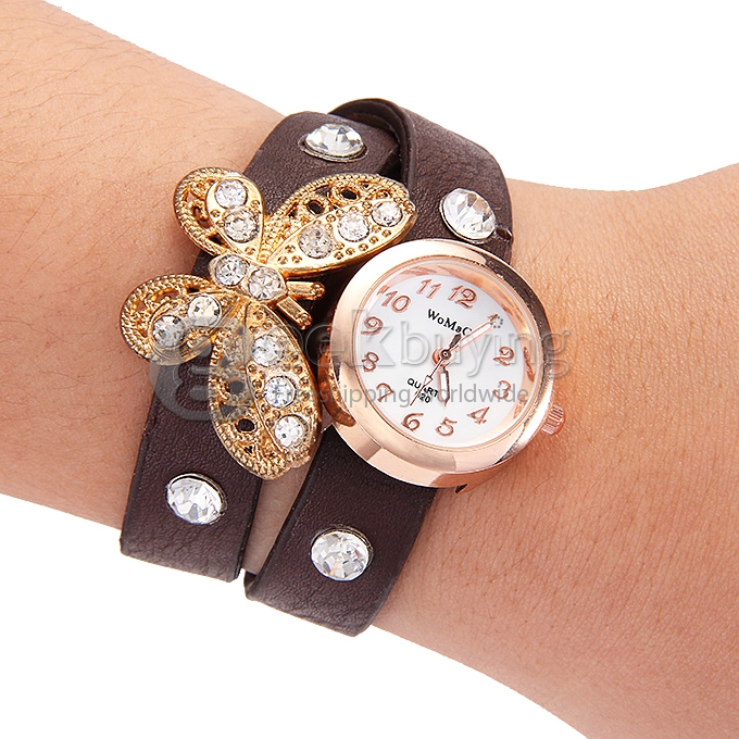 PL128 New Fashion Butterfly Rivet Bracelet Watch Women Leather Wrist Watch - Brown