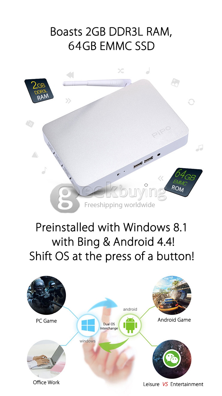 PIPO X7s Windows 8.1 Android 4.4 Dual Boot Mini PC Intel Z3736F Quad Core 1.8GHz 2G/64G 802.11 b/g/n LAN BT4.0 - Black