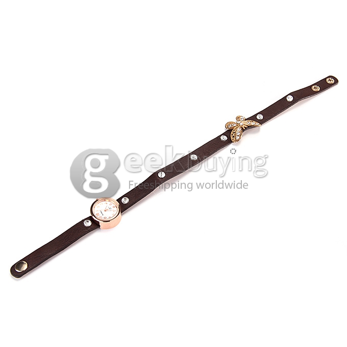 PL128 New Fashion Butterfly Rivet Bracelet Watch Women Leather Wrist Watch - Brown