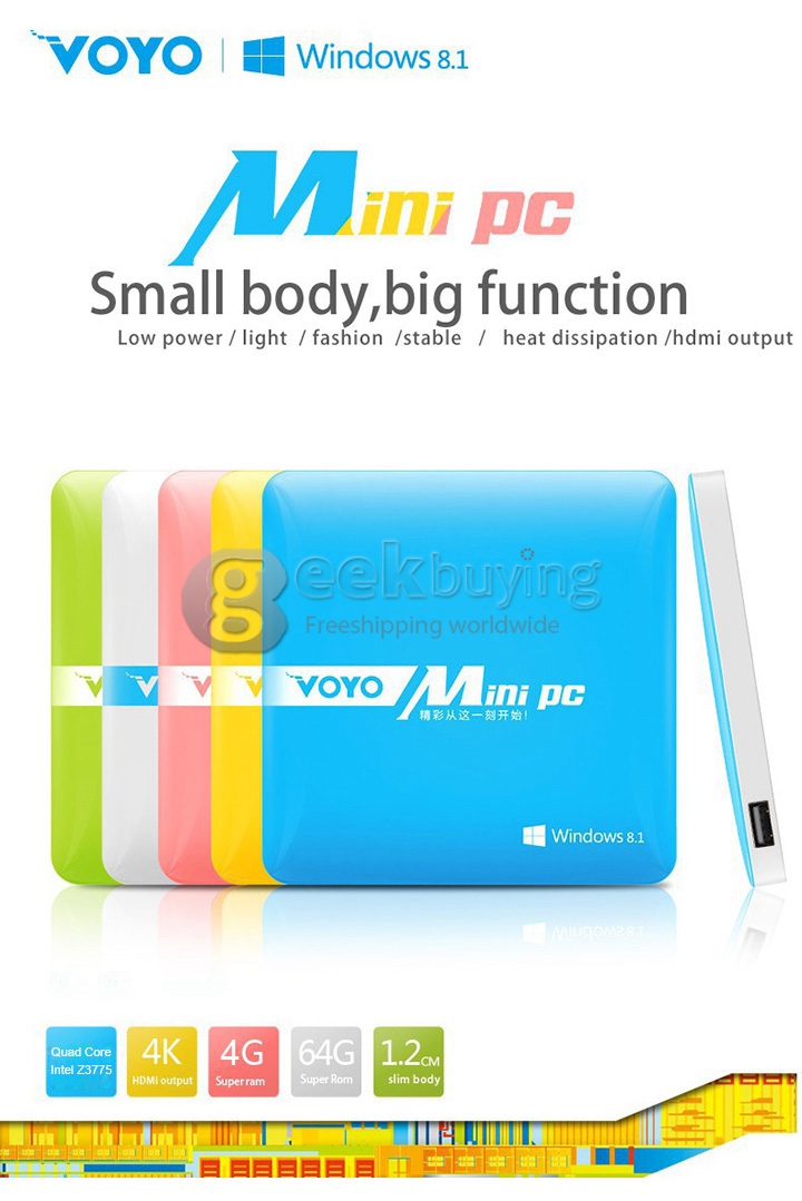 VOYO Mini PC 4G/64G Windows 8.1 4K Media Player Intel Z3775 Quad Core XBMC KODI Bluetooth4.0 with 1000mAh Battery - White