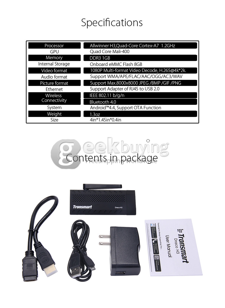 Tronsmart Draco H3 Allwinner Quad-Core 4K TV Dongle Mini PC 1G/8G HDMI 802.11 b/g/n 2.4G BT4.0 H.265 OTA
