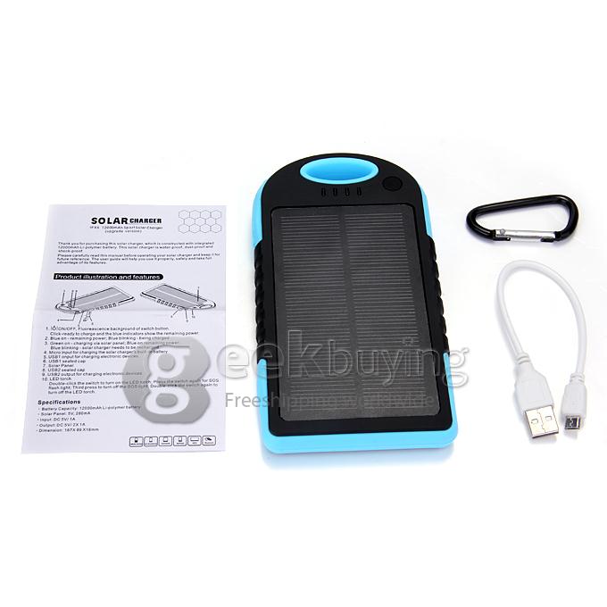 Solar Panel Charger 12000mAh Rain/Dirt/Shockproof Dual USB Portable Charger Backup External Battery - Blue+Black