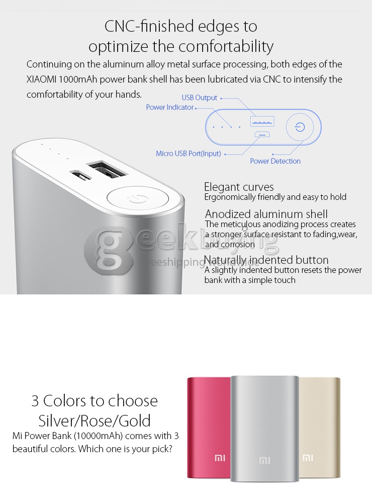 Original XIAOMI 10000mAh Power Bank Portable Charger Battery For XIAOMI/iPhone/Galaxy Smartphones - Gold