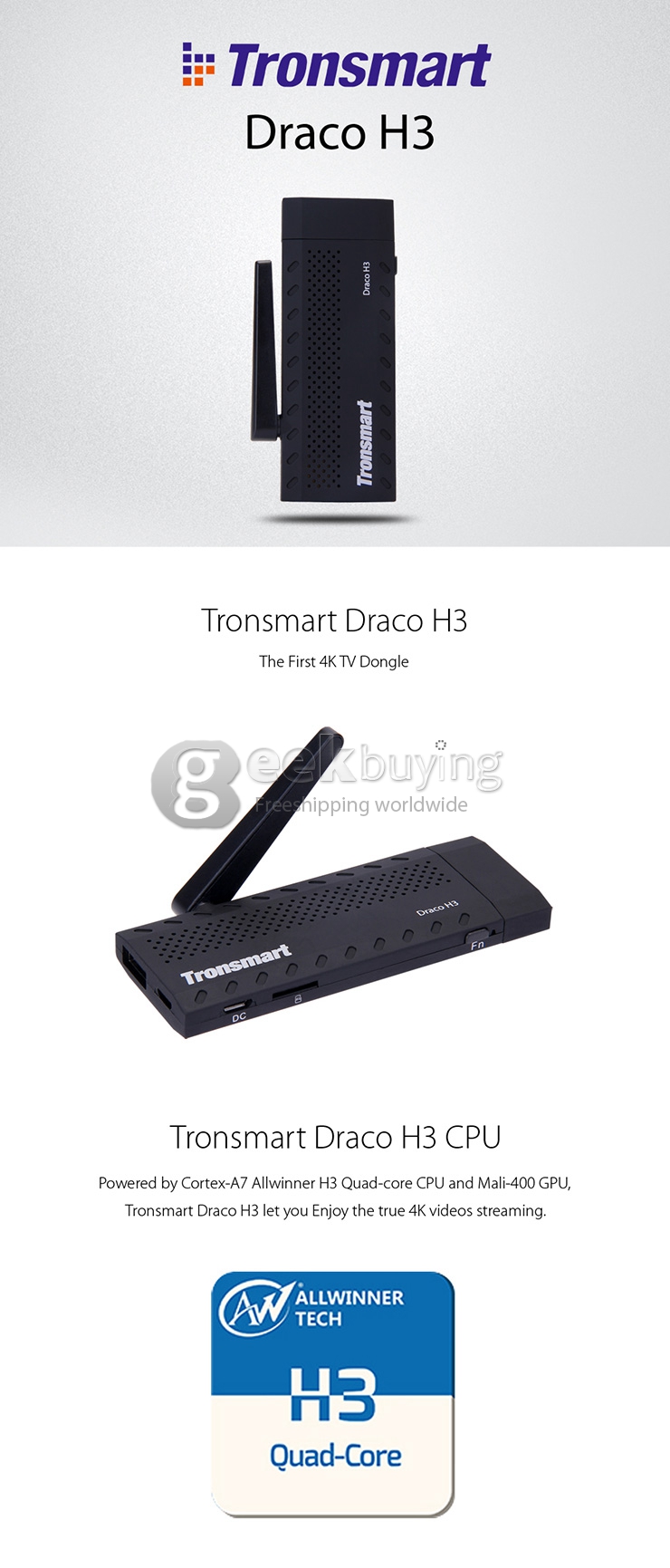 Tronsmart Draco H3 Allwinner Quad-Core 4K TV Dongle Mini PC 1G/8G HDMI 802.11 b/g/n 2.4G BT4.0 H.265 OTA