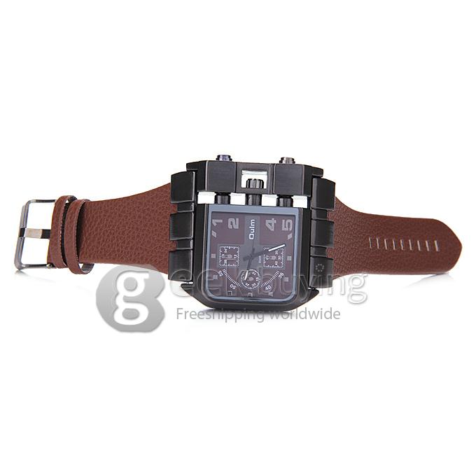 Oulm 3364 Fashion Men Military Wristwatch Sports Quartz Watch With Rectangular Dial And Leather Strap - Brown