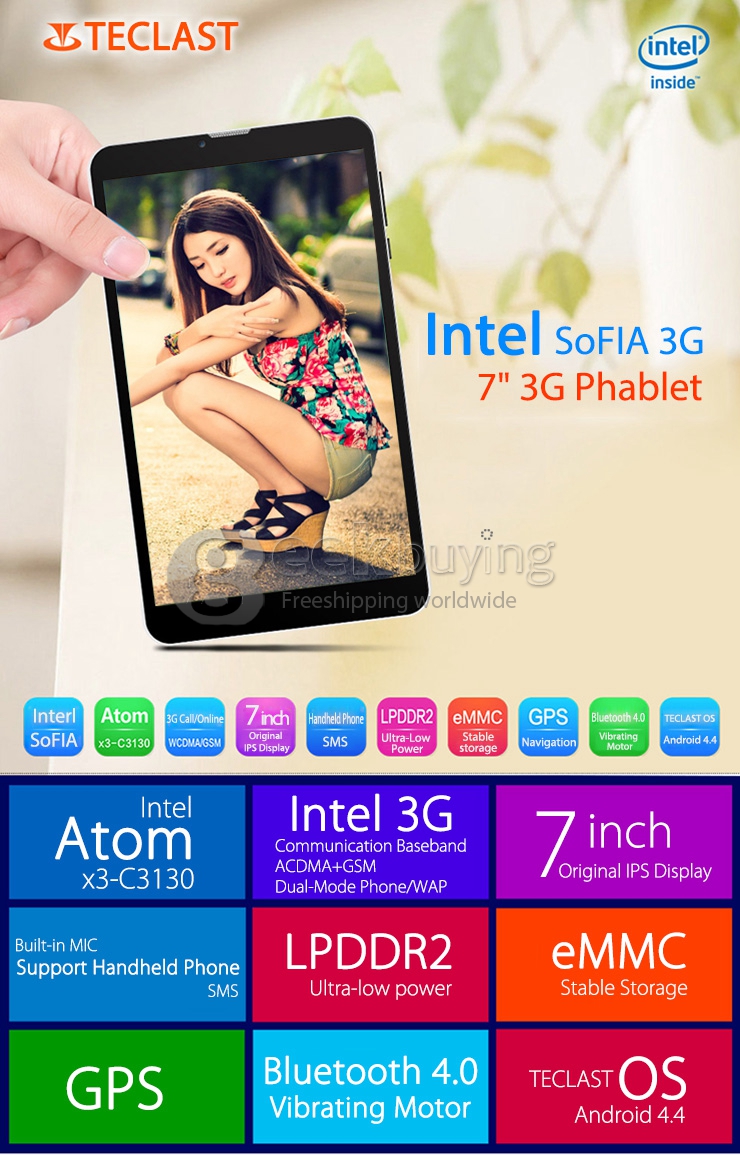 Teclast X70 3G Phone Call Tablet PC 2G/3G Phablet Android 4.4 Intel SoFIA AtomX3-C3130 7 Inch IPS 1024*600 4GB ROM GPS Bluetooth WiFi - White