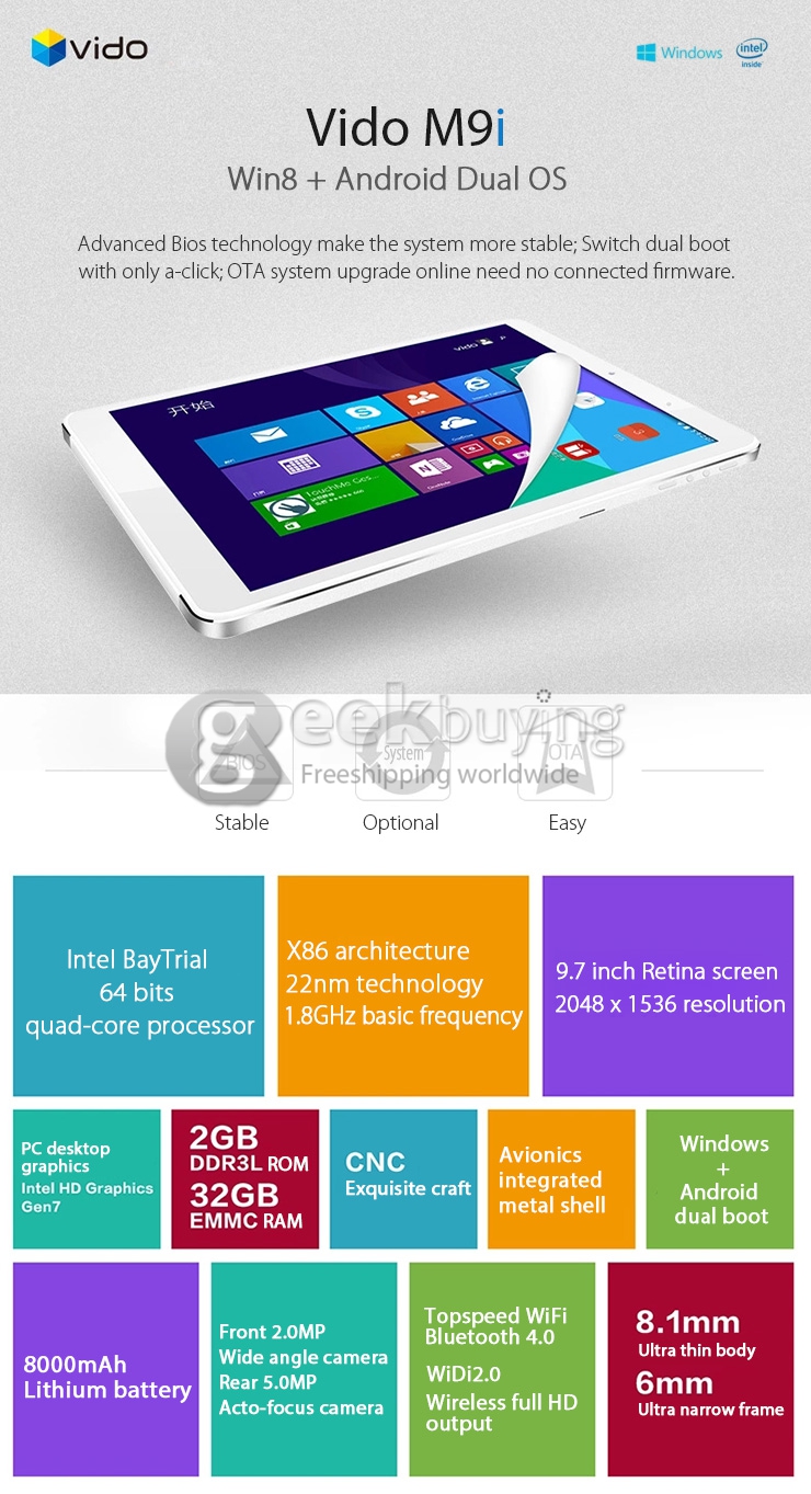 Vido M9i 9.7 Inch Win 8.1 & Android 4.4 Dual OS Tablet PC Intel Z3735F Quad Core 1.83GHz IPS Retina Screen 2048*1536 2G/32GB BT OTG WiDi WiFi - White + Silver